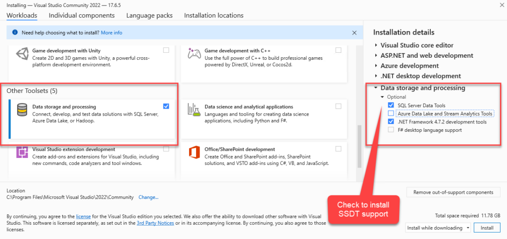 You can select the different components to installed with Visual Studio 2022 Community Edition