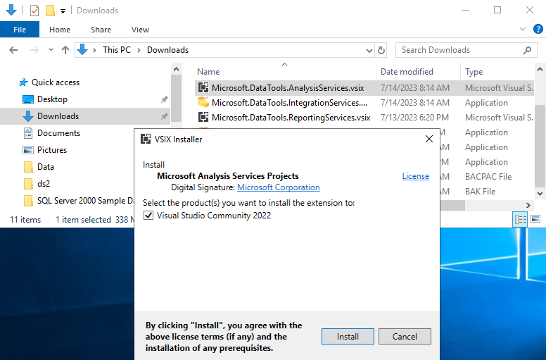 Installing the 3 extensions to complete the installation of SQL Server Data Tools for Visual Studio 2022