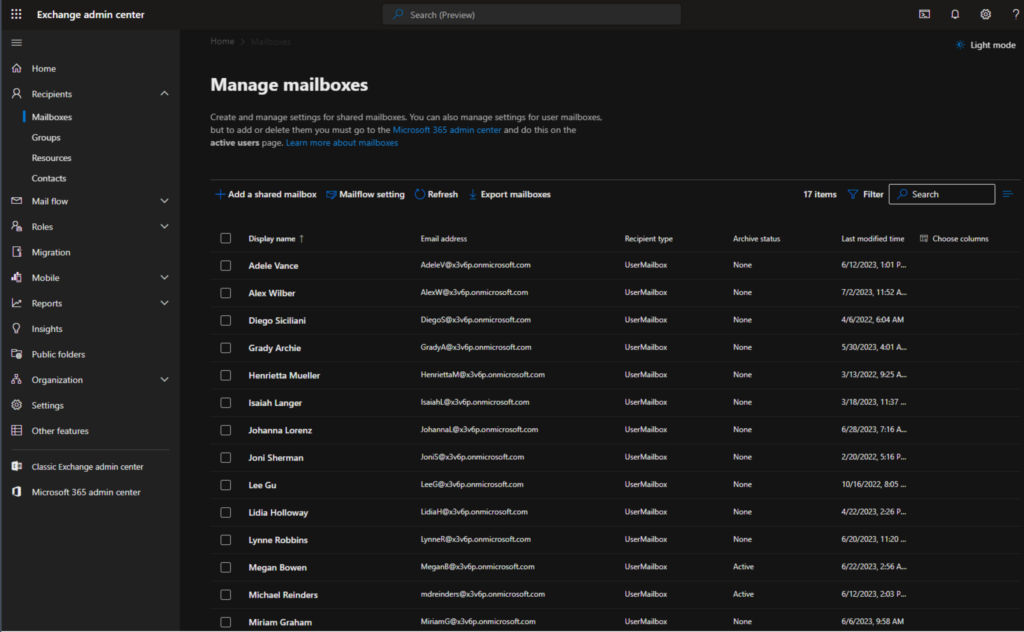 Exchange admin center - Mailboxes view
