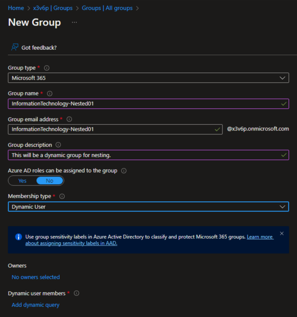 Creating a new Microsoft 365 group