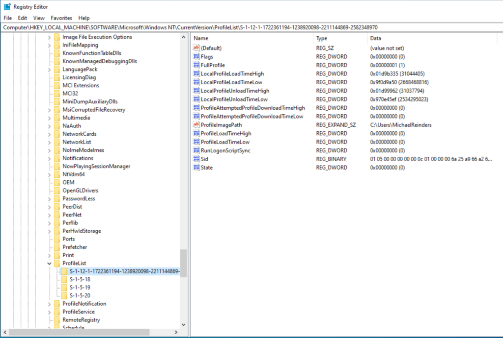 Viewing my profile details in the Registry Editor