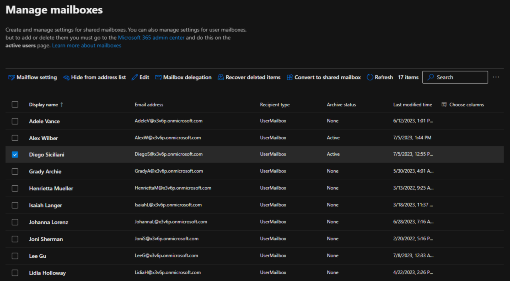 Managing Mailboxes in the Exchange Admin Center