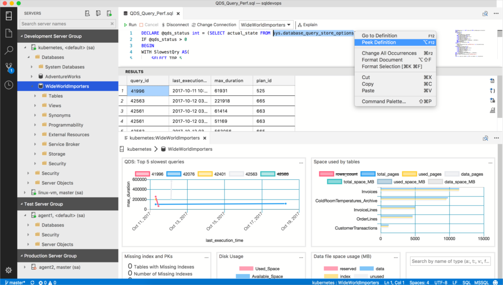 The Azure Data Studio database dashboard
