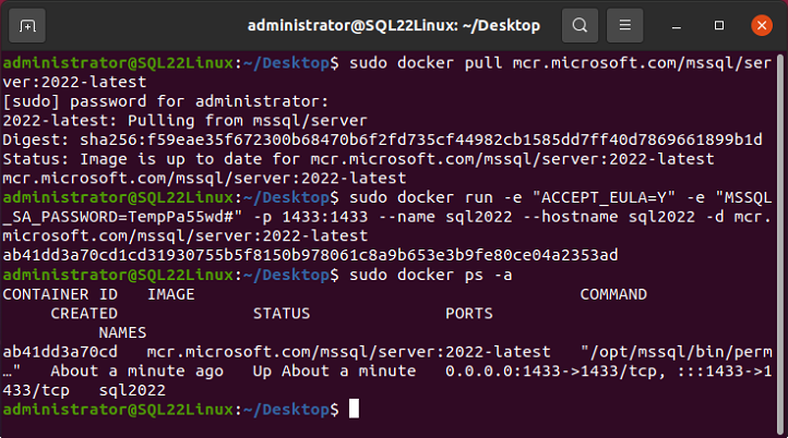 The commands for pulling, running and listing the SQL Server 2022 Docker container