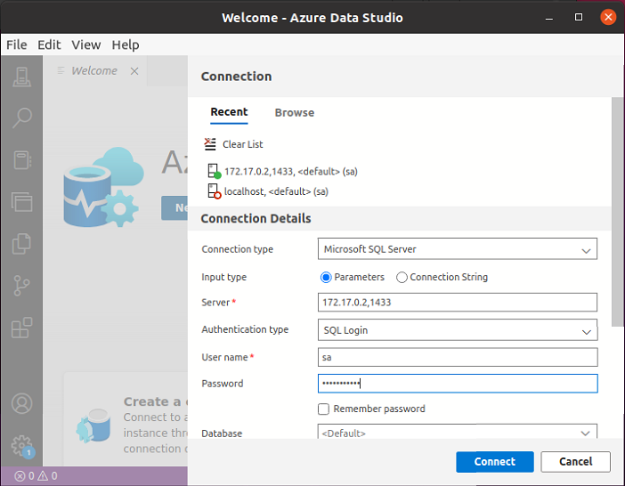 Connecting Azure Data Studio to the running SQL Server 2022 Docker container