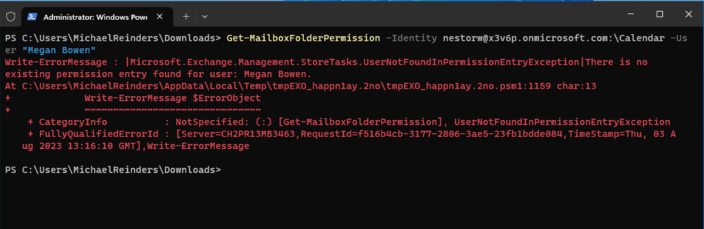 Using the Get-MailboxFolderPermission cmdlet – don't worry about that red error text