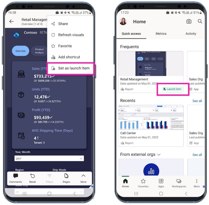 The Power BI mobile app now lets users choose a launch item