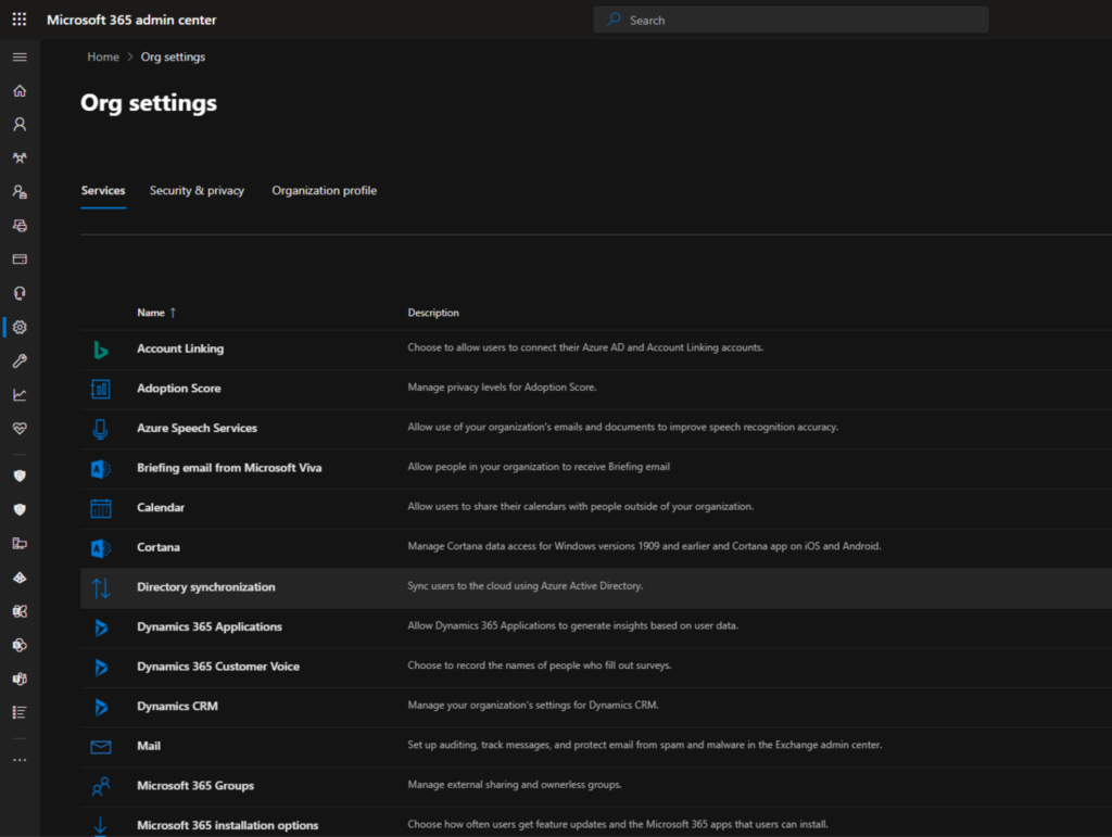 The Org settings section of the Microsoft 365 Admin Center