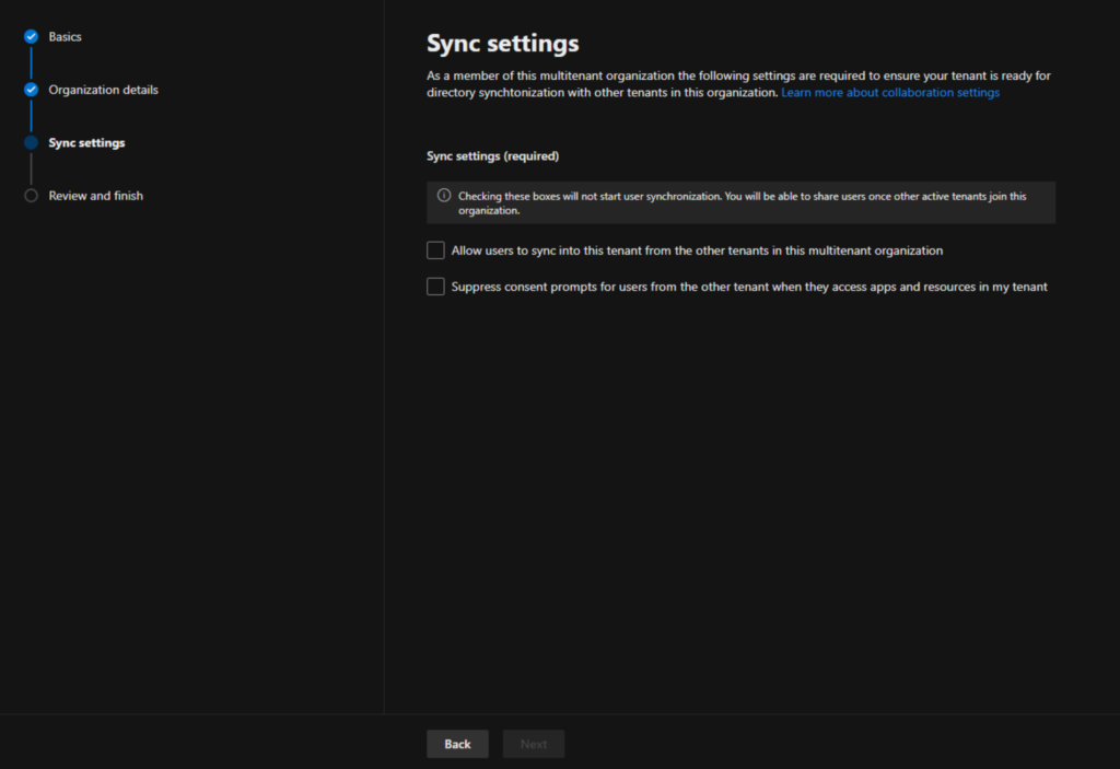 The sync settings screen handles how users will sync between the shared tenants