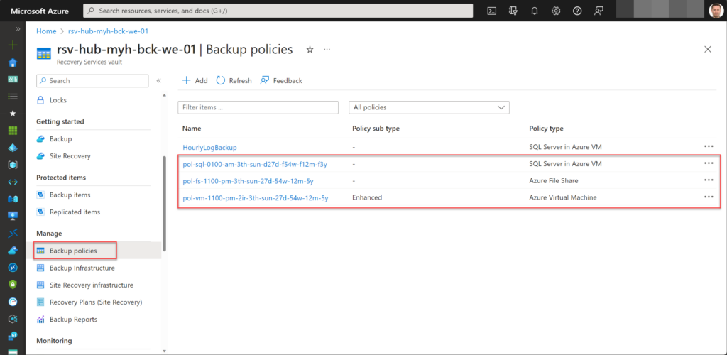 Azure Backup policies examples