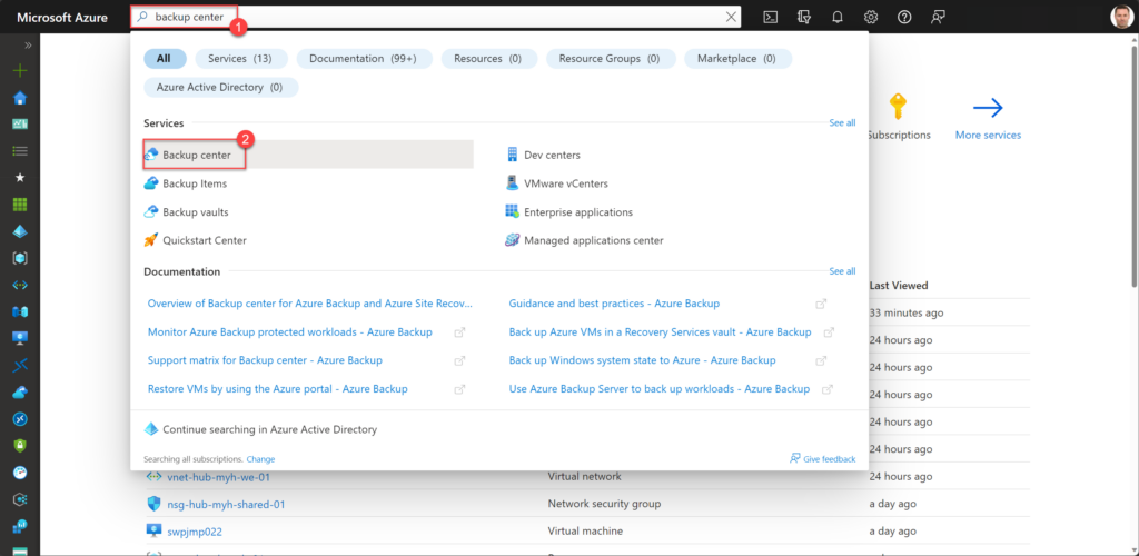 Accessing the Azure Backup Center