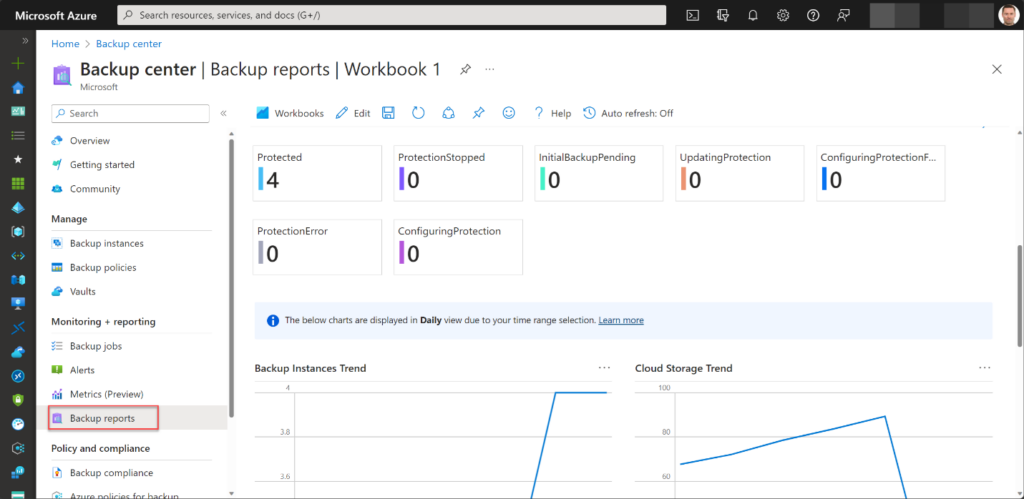 Accessing Backup reports in the Azure Backup Center