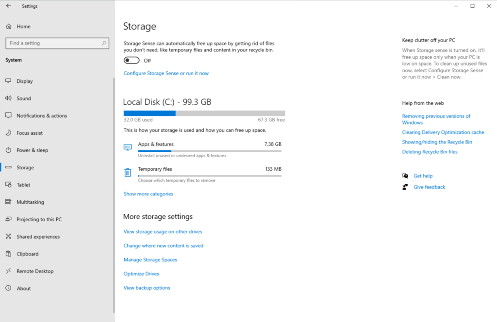 Accessing the Storage feature in Windows Settings