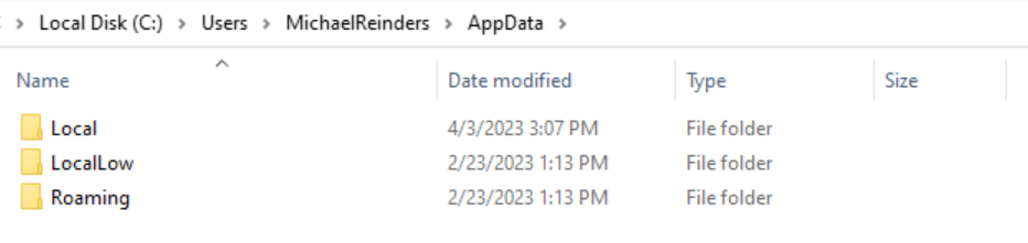 Viewing the 3 folders in the AppData folder