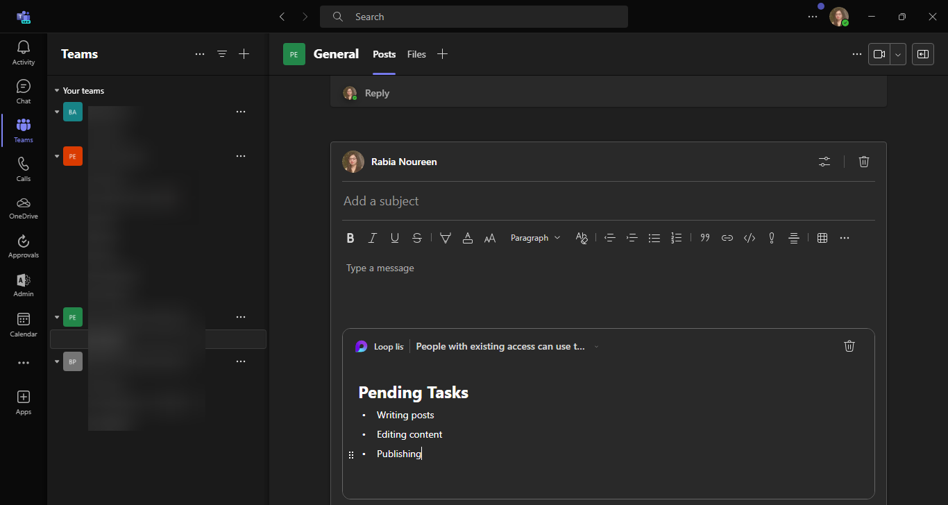 microsoft teams loop components in teams channels