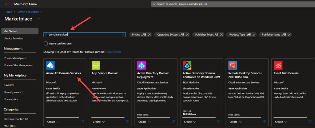 What is Azure AD Domain Services - Searching for Azure AD Domain Services in the Azure Marketplace