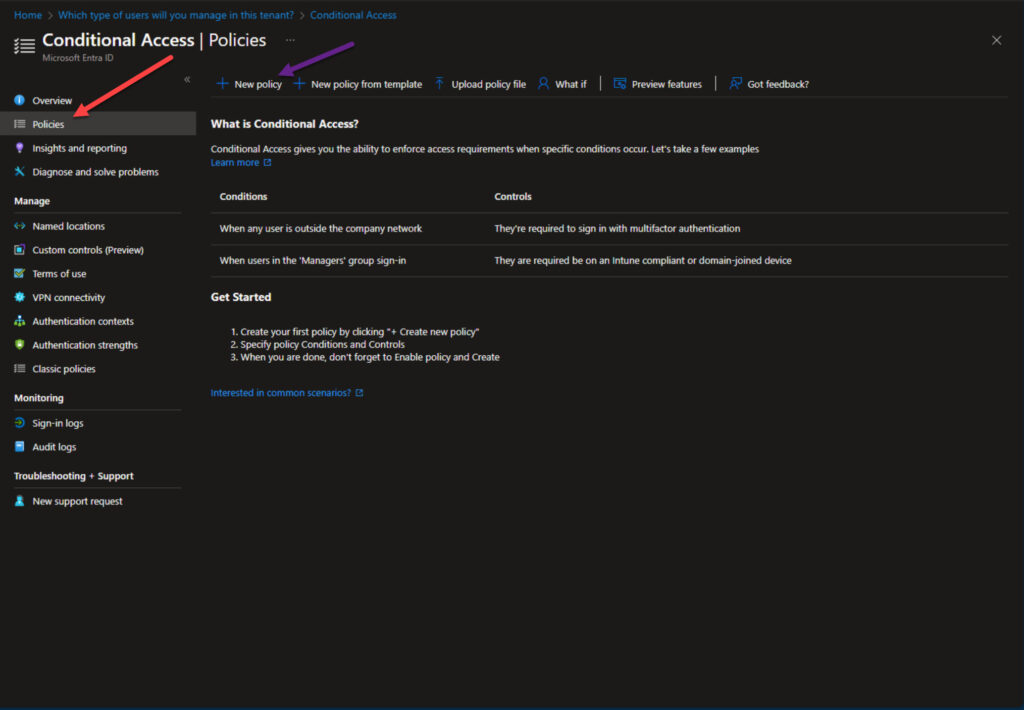 Viewing the Policies section and creating a new Conditional Access policy