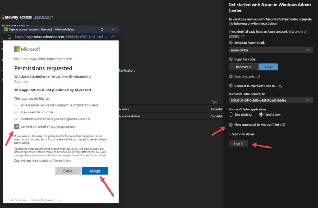 Granting consent and permissions in Azure for Windows Admin Center