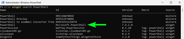 Search for the PowerShell 7 package