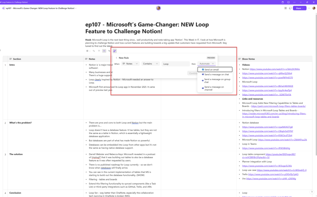 Simple Power Automate rules in Microsoft Loop