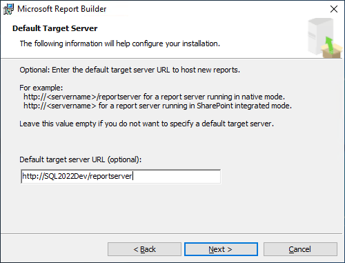 Setting the default target server for Report Builder