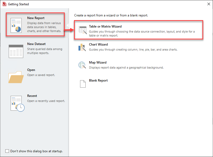 Report Builder 'Getting Started' dialog