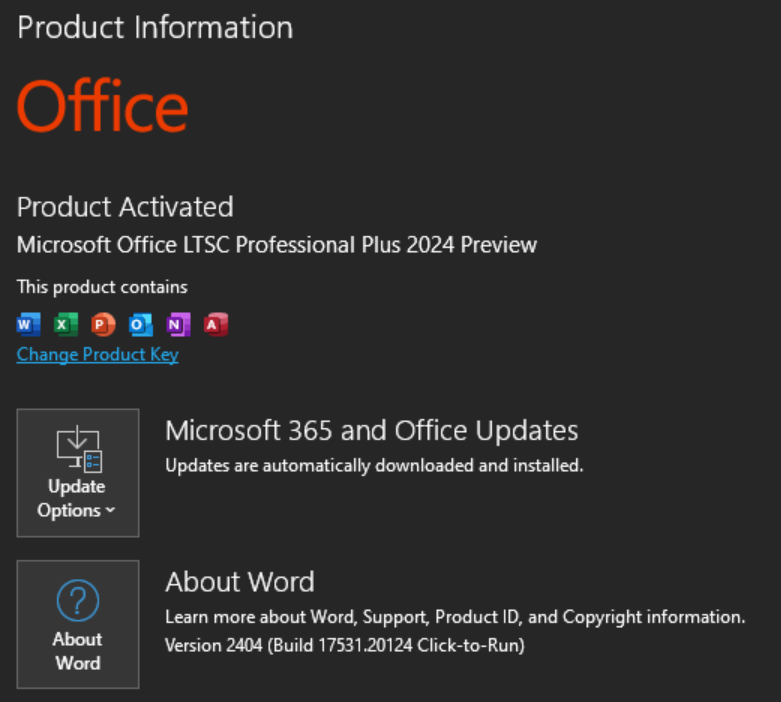 The 'About' screen for Office 2024 LTSC Professional Plus LTSC Preview