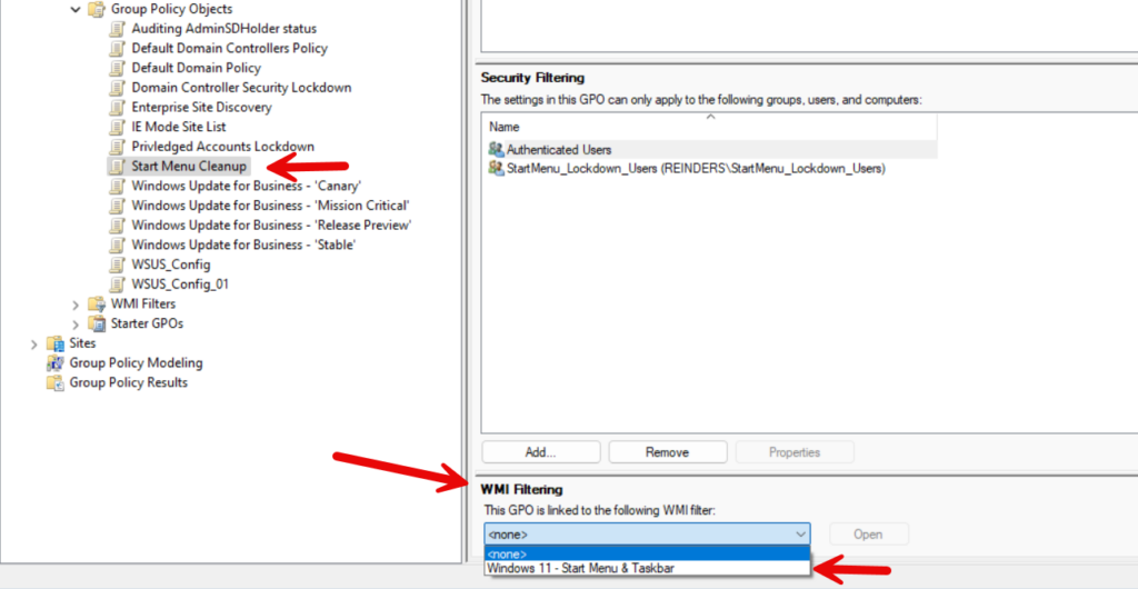 Assigning our new WMI Filter to the Start Menu GPO