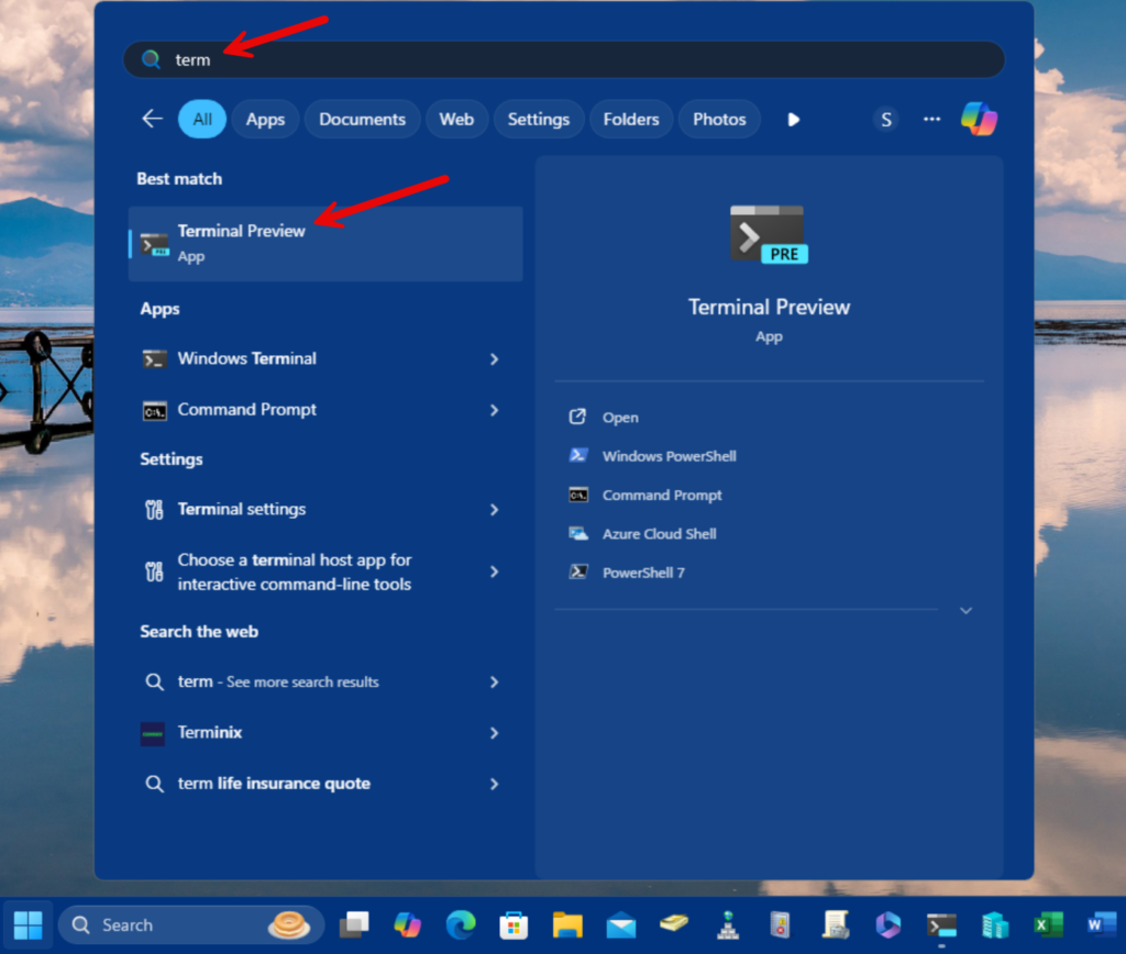 Opening the Windows Terminal program from the Start Menu