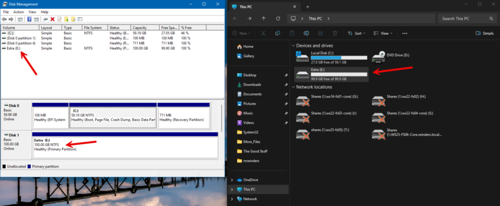 Validating our work with Disk Management and File Explorer