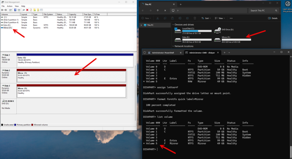 Disk Management and File Explorer see the new mirrored volume correctly