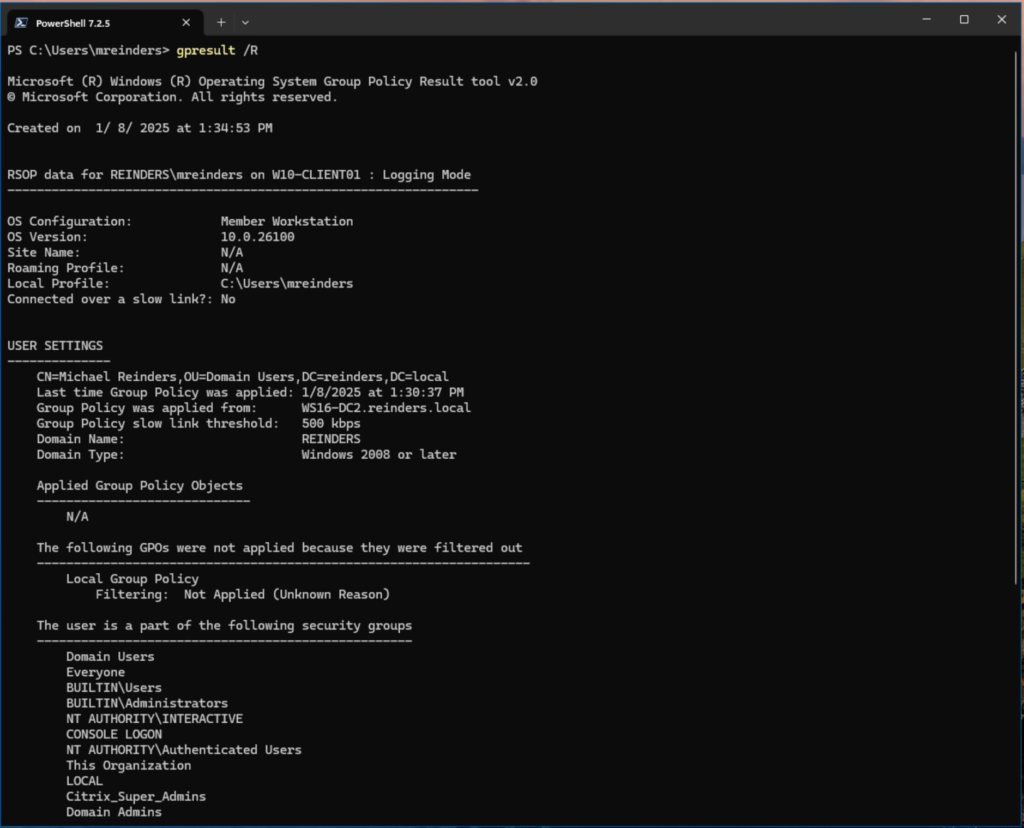 Using the GPResult command with the '/R' switch