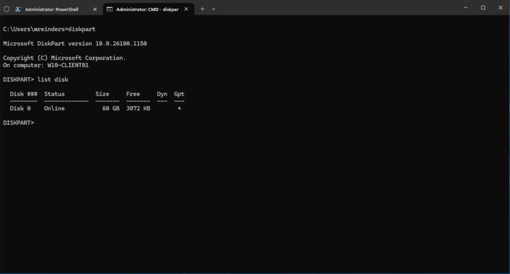 Using Diskpart 'list disk' to view all logical hard drives