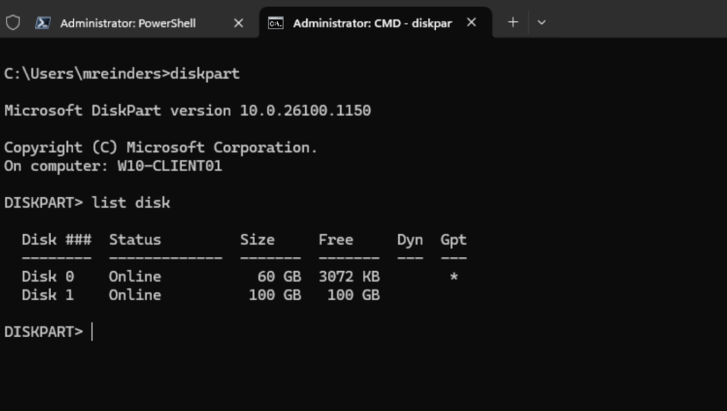 Using 'list disk' to see our new second disk