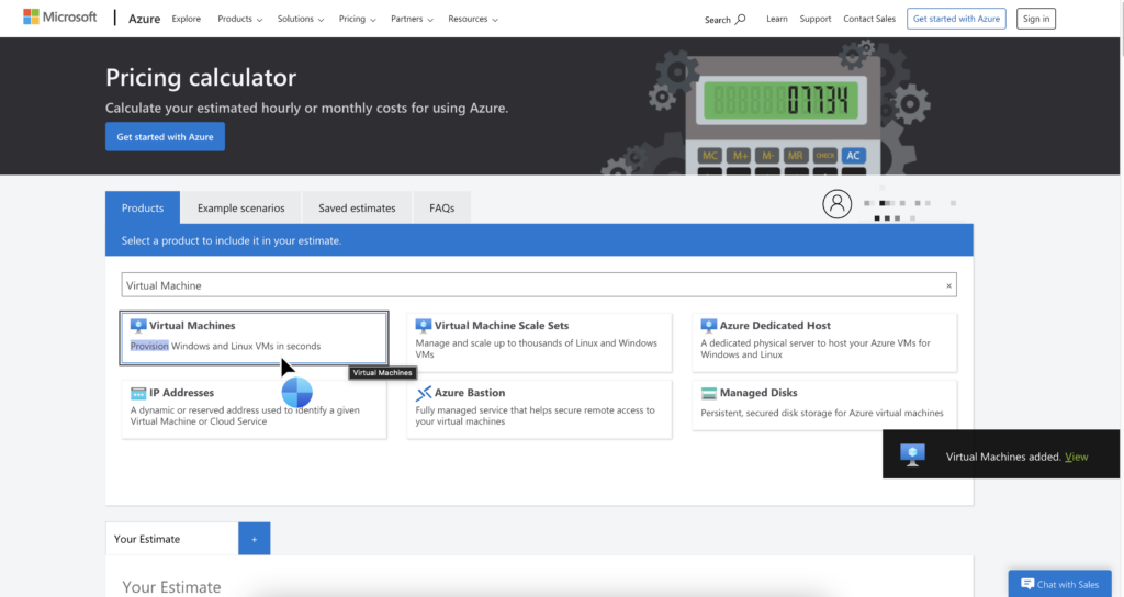 A screenshot showing the process of adding Azure Virtual Machines to the Pricing Calculator using the search bar.