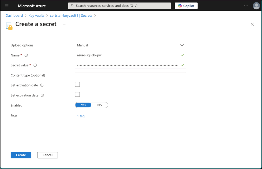 Screenshot of the Azure Portal's Key Vault interface, displaying the process of adding a new secret with fields for secret name, value, and expiration settings.