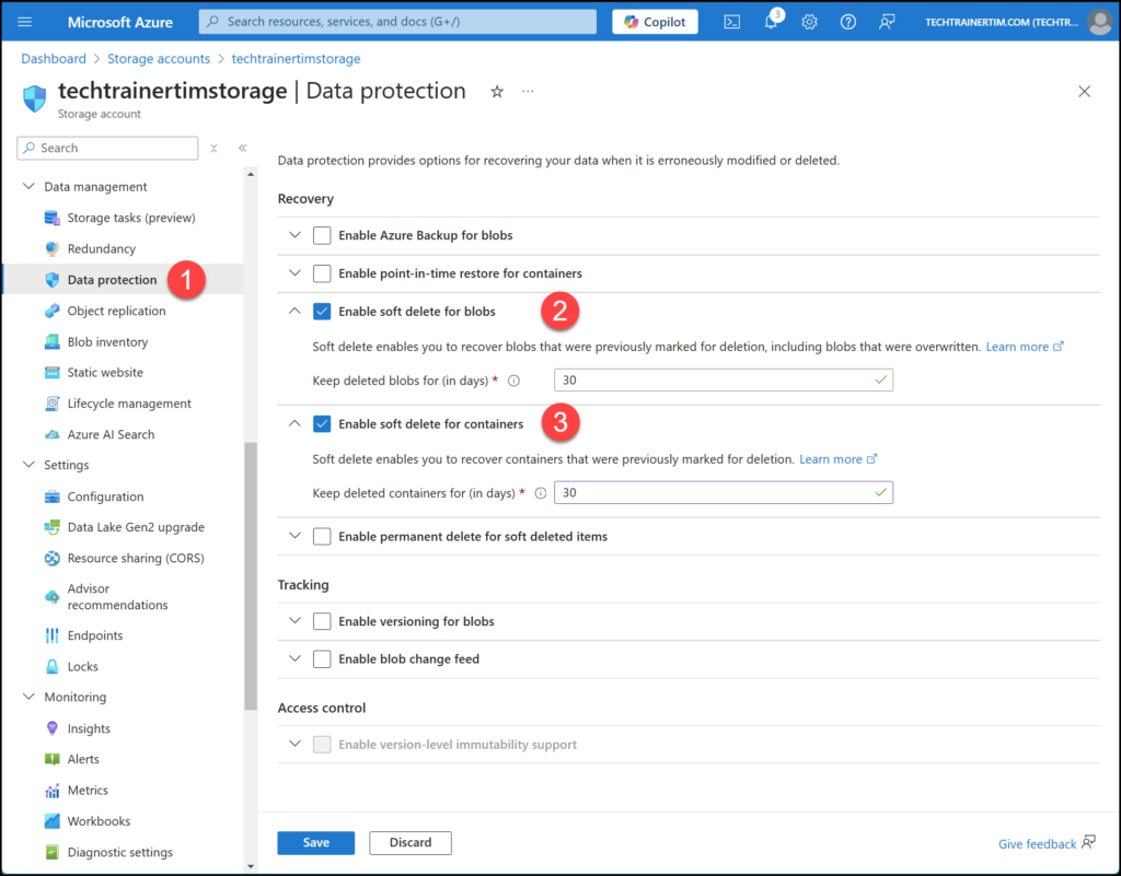 Screenshot of the Blob service properties in the Azure Portal, with the “Enable soft delete for blobs” toggle switched on and retention days set.