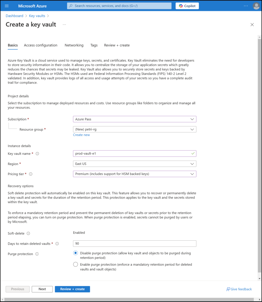 Screenshot of the Azure Portal showing the Azure Key Vault creation screen, with fields for name, region, pricing tier.