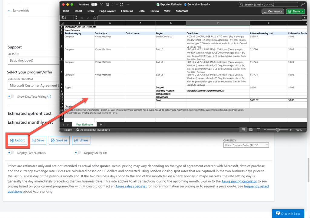 A screenshot of the export options in the Azure Pricing Calculator, highlighting the Export and Share buttons.