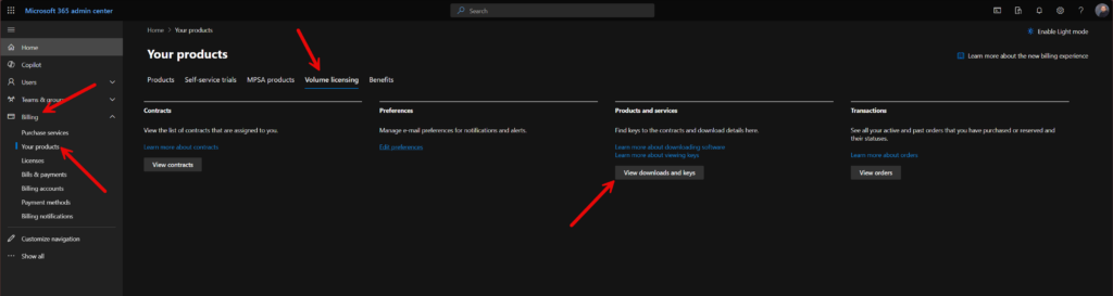 Viewing volume license downloads and keys on the M365 admin center website