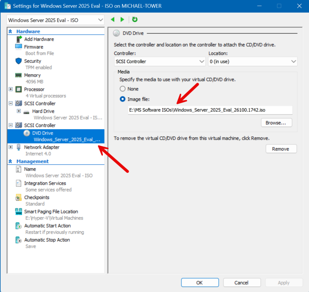 Mounting your newly downloaded ISO file to a virtual machine in Hyper-V Manager