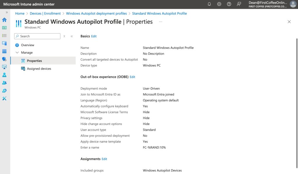 Create a Windows Autopilot Deployment Profile