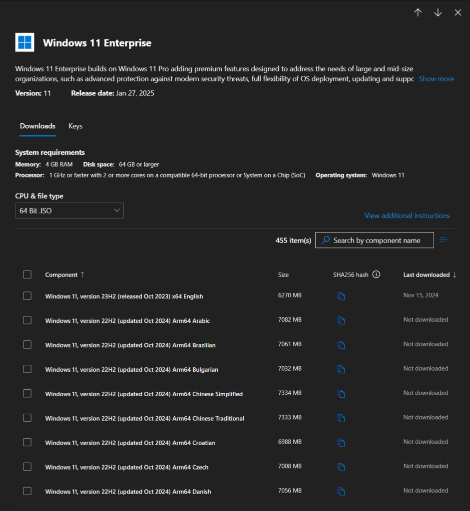 There are 455 distinct downloads for Windows 11 Enterprise alone