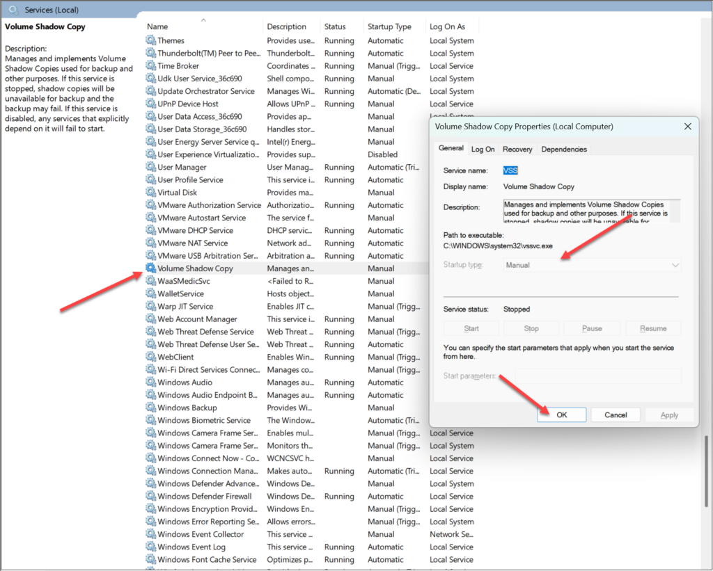 Windows Image Backup errors - starting VSS service and setting it to start automatically