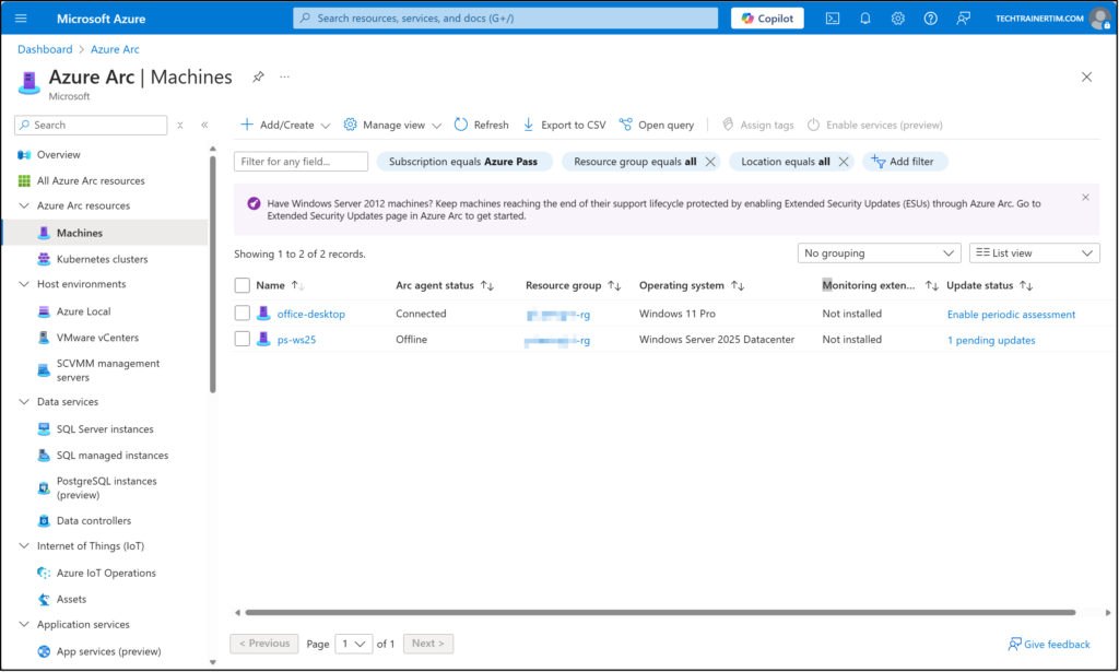 Screenshot of Azure Portal’s Azure Arc dashboard displaying connected servers and policies.