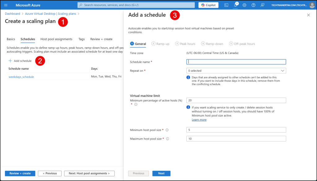 Screenshot of Azure portal showing autoscaling settings for AVD host pools.