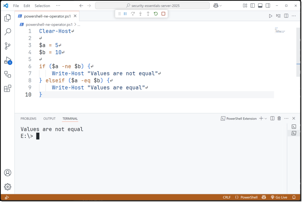 Basic syntax of PowerShell not equal operator