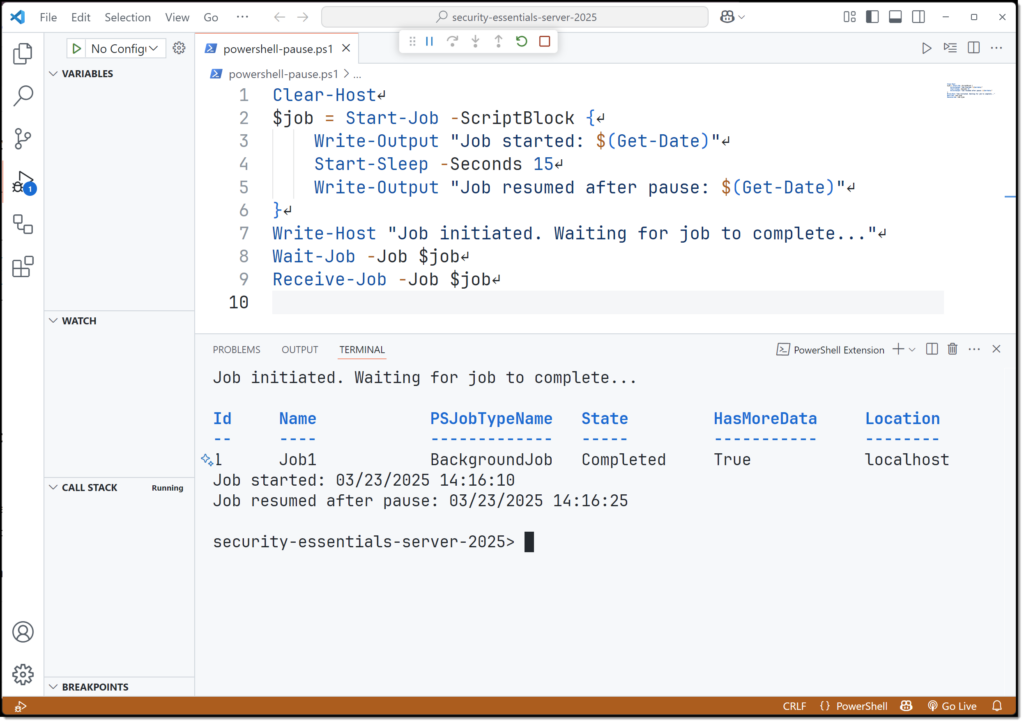 PowerShell session in VS Code executing a background job, demonstrating Start-Job, Wait-Job, and job result retrieval with timestamps.
