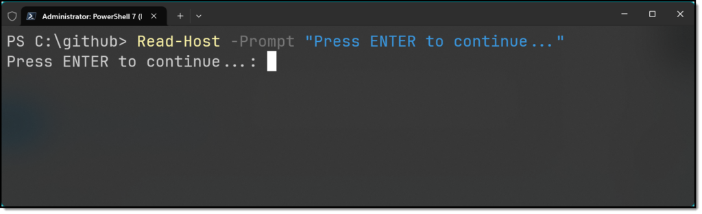 PowerShell pause - Windows Terminal prompting user interaction using Read-Host, waiting for the user to press ENTER.