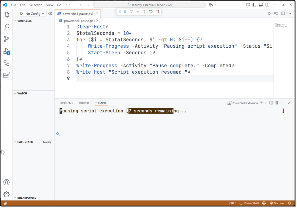 PowerShell script in VS Code demonstrating a timed pause with Start-Sleep and an active Write-Progress countdown in the integrated terminal.